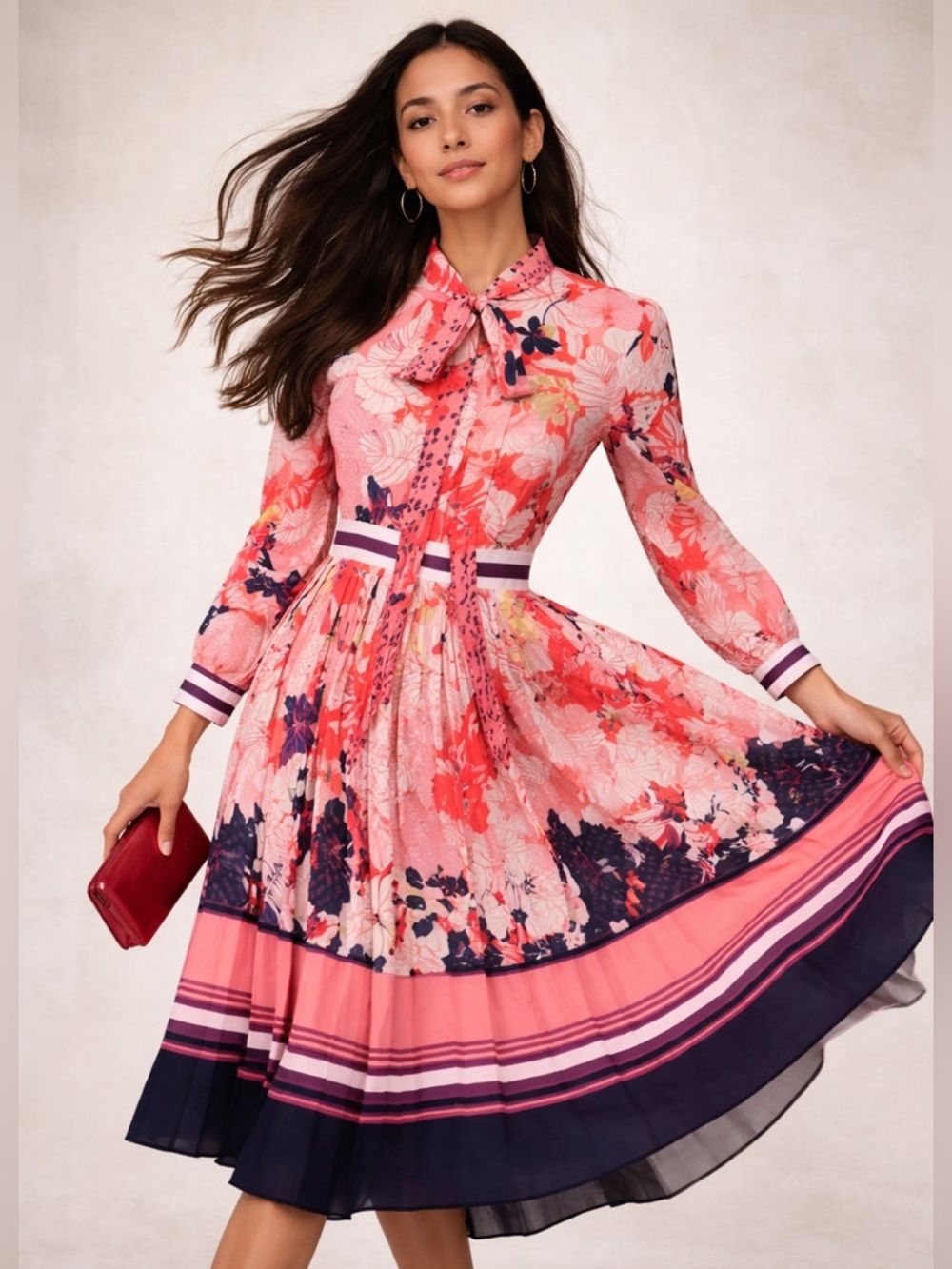 Boutique Floral Tie Neck Midi Dress Pleated Long Sleeve Pink Red Size M